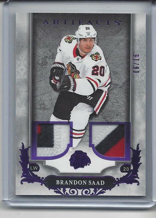 BRANDON SAAD 2018-19 ARTIFACTS PURPLE DUAL 3 COLOR PATCH #D 6/15