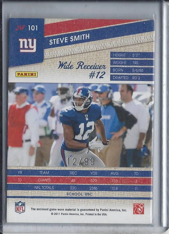 1/1 STEVE SMITH 2011 PANINI THREADS GIANTS PATCH #D 12/99 HIS JERSEY NUMBER #12!
