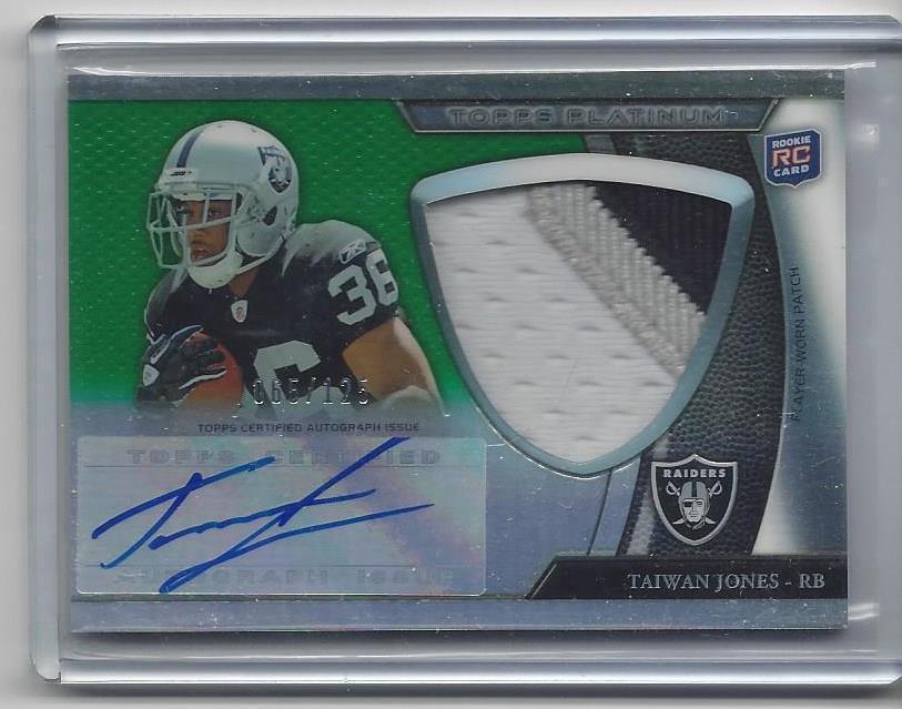 TAIWAN JONES 2011 TOPPS PLATINUM GREEN REFRACTOR 3 CLR JUMBO PATCH AUTO RC /125