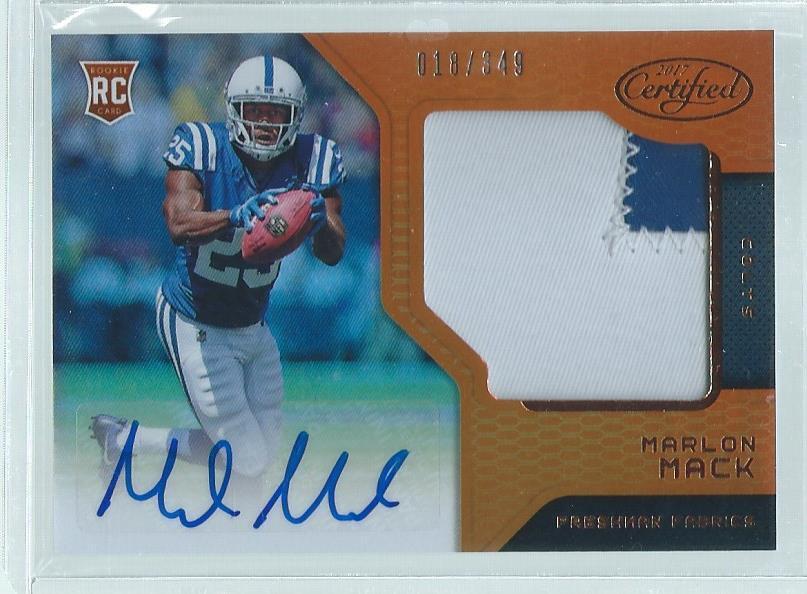 MARLON MACK 2017 PANINI CERTIFIED FRESHMAN 2 COLOR PATCH AUTO ORANGE RC #D /349
