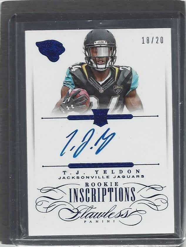 T.J. YELDON 2015 FLAWLESS INSCRIPTIONS BLUE ON CARD AUTO RC #D 18/20