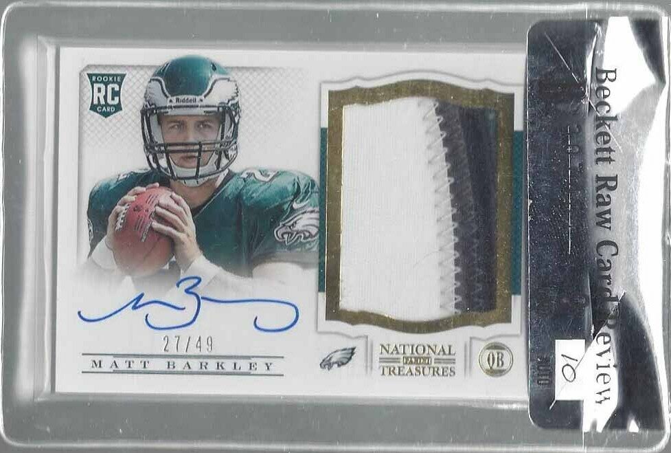 MATT BARKLEY 2013 NATIONAL TREASURES GOLD RPA 4 COLOR PATCH AUTO RC /49 BGS 9 10