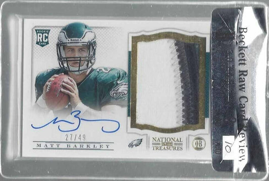 MATT BARKLEY 2013 NATIONAL TREASURES GOLD RPA 4 COLOR PATCH AUTO RC /49 BGS 9 10