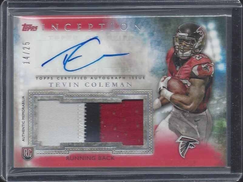 TEVIN COLEMAN 2015 TOPPS INCEPTION RED RPA 3 COLOR ROOKIE PATCH AUTO RC #D 14/25