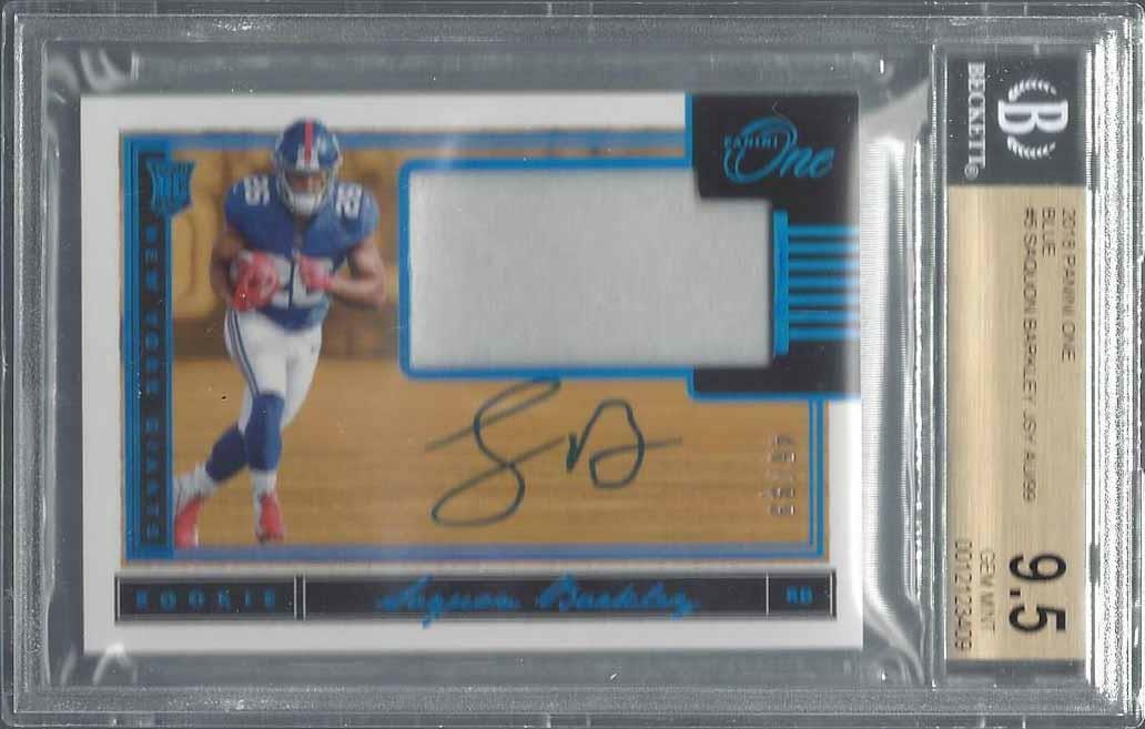 SAQUON BARKLEY 2010 PANINI ONE BLUE RPA PATCH ON CARD AUTO RC /99 BGS 9.5 10 AU