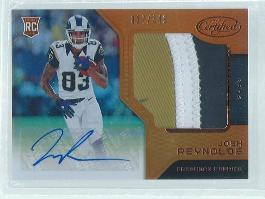 JOSH REYNOLDS 2017 PANINI CERTIFIED FRESHMAN 3 COLOR PATCH AUTO ORANGE RC #D/349