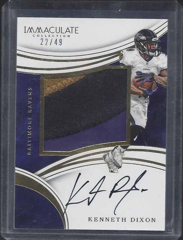 KENNETH DIXON 2016 IMMACULATE GOLD RPA JUMBO 3 COLOR RAVENS PATCH AUTO RC #D /49