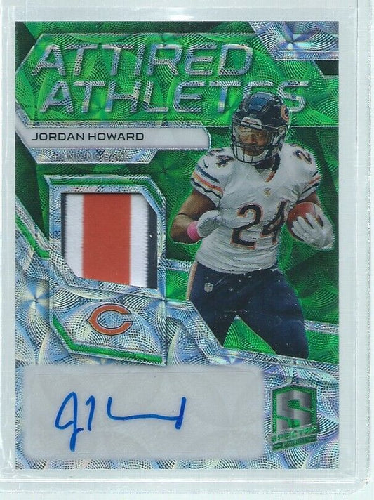 JORDAN HOWARD 2017 PANINI SPECTRA GREEN PRIZM ATTIRED 3 CLR PATCH AUTO #D 14/25