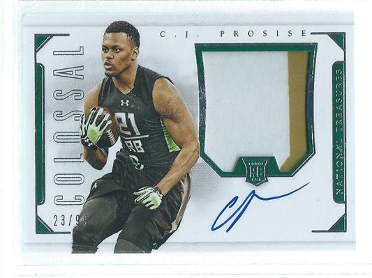 C J PROSISE 2016 NATIONAL TREASURES COLOSSAL 2 COLOR PATCH ON CARD AUTO RC # /99