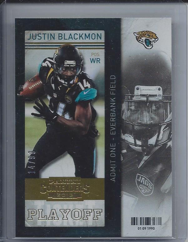 1/1 JUSTIN BLACKMON 2013 CONTENDERS PLAYOFF TICKET FOIL #D 14/99 HIS JERSEY #14!