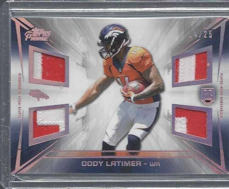 1/1 CODY LATIMER 2014 TOPPS PRIME RAINBOW QUAD PATCH RC #D 14/25 JERSEY NMBR #14
