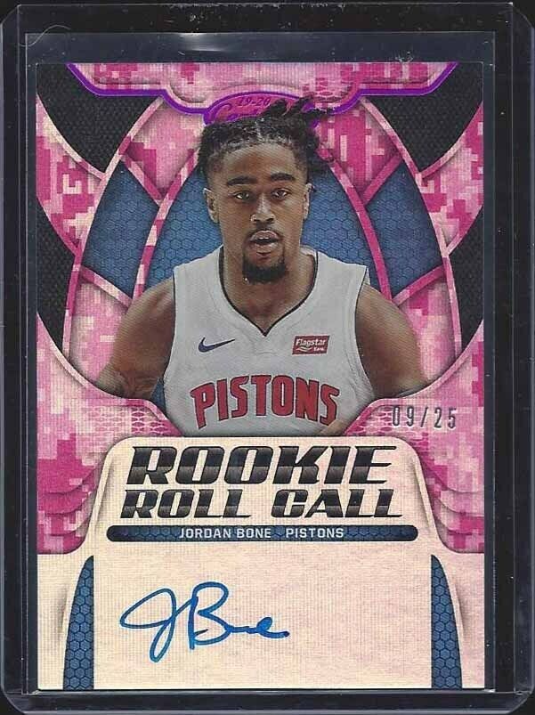 JORDAN BONE 2019-20 CERTIFIED PINK CAMO ROOKIE ROLL CALL ON CARD AUTO RC #D 9/25