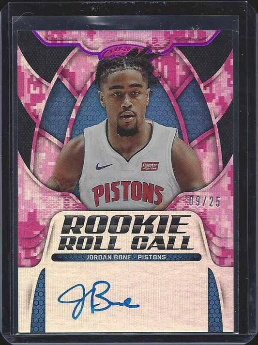 JORDAN BONE 2019-20 CERTIFIED PINK CAMO ROOKIE ROLL CALL ON CARD AUTO RC #D 9/25