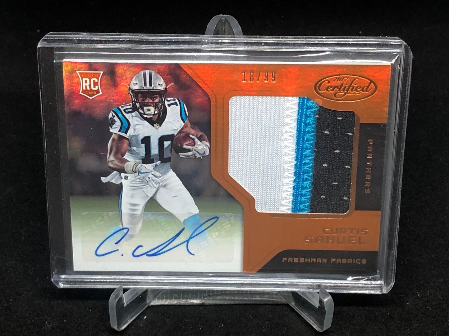 CURTIS SAMUEL 2017 PANINI CERTIFIED ORANGE 3 CLR PATCH AUTO RC #D 18/99