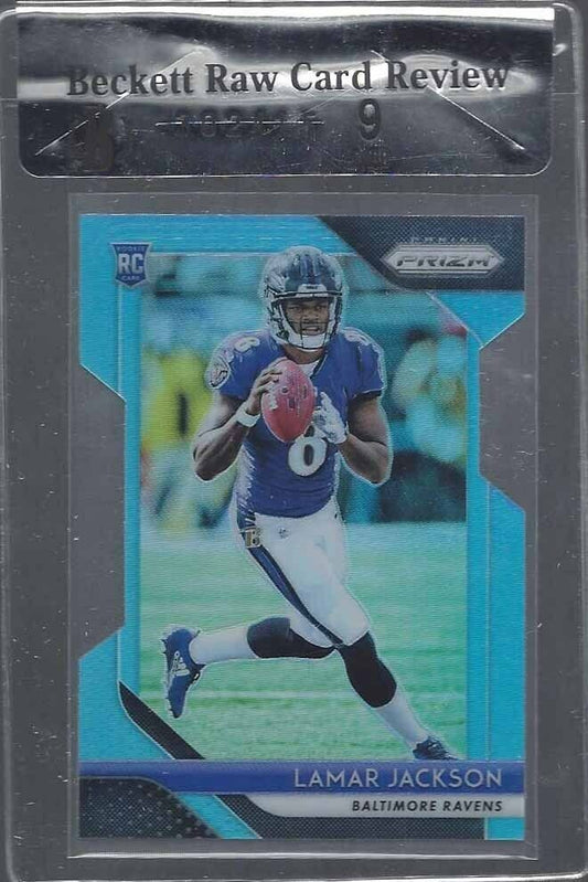 LAMAR JACKSON 2018 PANINI PRIZM LIGHT BLUE DIE CUT PRIZMS RC /199 BGS 9 POP 1/1