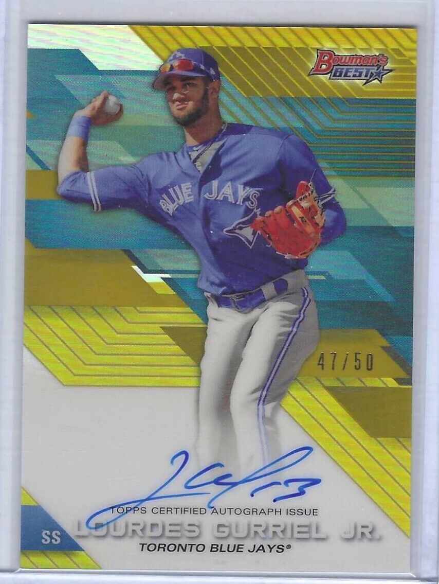 LOURDES GURRIEL JR 2017 BOWMANS BEST GOLD REFRACTOR ON CARD AUTO #d /50