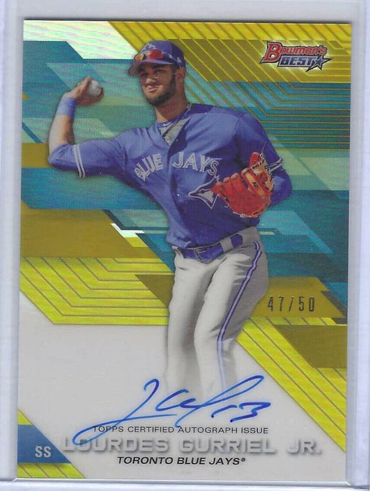LOURDES GURRIEL JR 2017 BOWMANS BEST GOLD REFRACTOR ON CARD AUTO #d /50