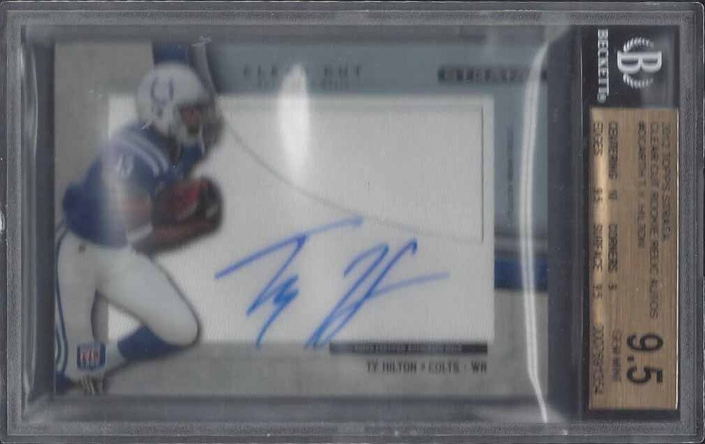 T.Y. HILTON 2012 TOPPS STRATA CLEAR CUT JERSEY ON CARD AUTO RC BGS 9.5 10 POP 5