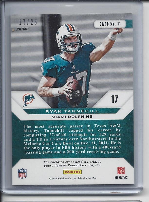 1/1 RYAN TANNEHILL 2012 MOMENTUM PREFERRED PICKS JUMBO PATCH RC #D 17/25 JSY #17