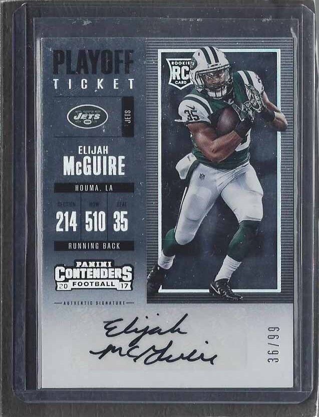 ELIJAH MCGUIRE 2017 CONTENDERS PLAYOFF TICKET JETS AUTO RC #D 36/99