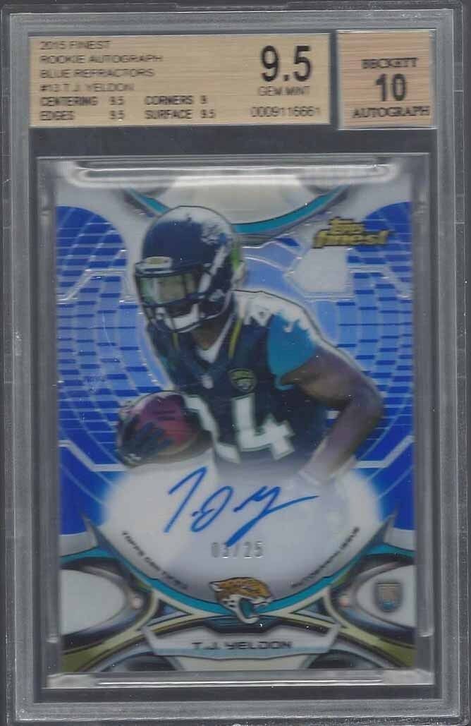 T.J. YELDON 2015 FINEST BLUE REFRACTOR ON CARD AUTO RC /25 BGS 9.5 10 AU POP 1/1
