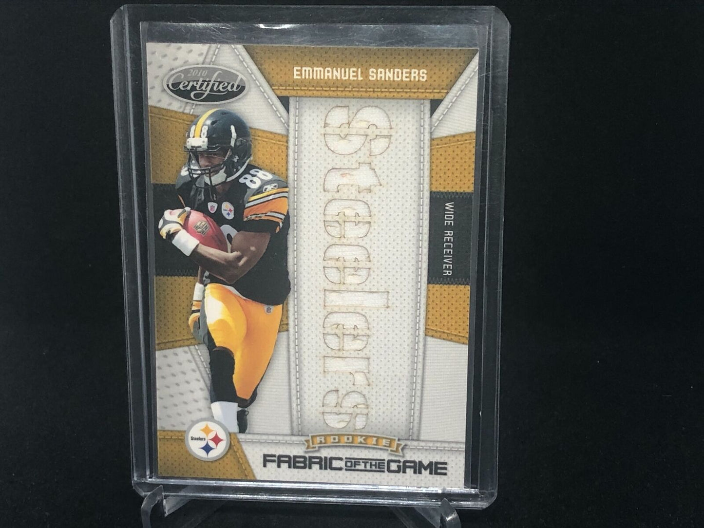 EMMANUEL SANDERS 2010 CERTIFIED FABRIC OF THE GAME DIE CUT JERSEY RC #D 9/25