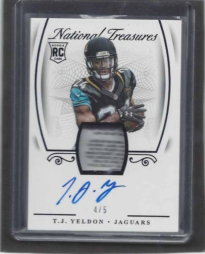 T.J. YELDON 2015 NATIONAL TREASURES ROOKIE LOGO TAG PATCH ON CARD AUTO RC #D 4/5