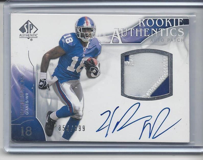 HAKEEM NICKS 2009 SP AUTHENTIC RPA 2 COLOR NUMBER PATCH AUTO RC #D 854/999
