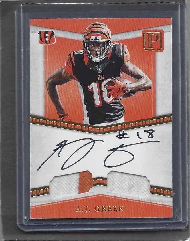 A.J. GREEN 2017 PANTHEON DUAL 2 COLOR BENGALS PATCH ON CARD AUTO #D 5/5