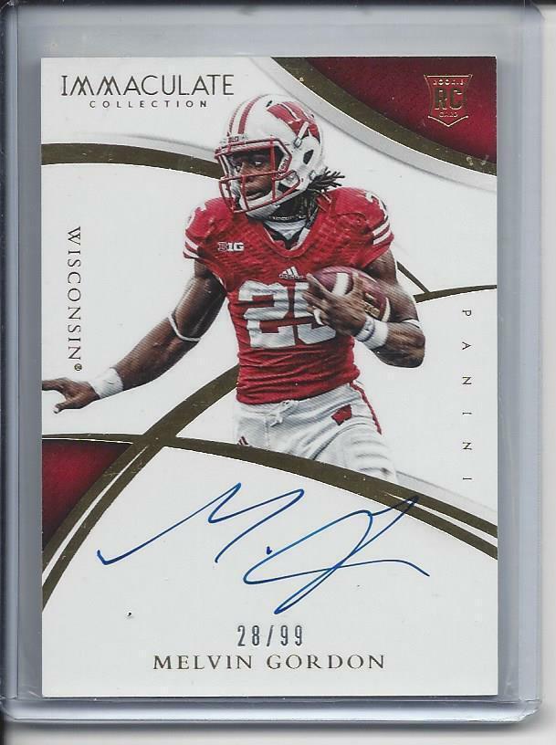 1/1 MELVIN GORDON 2015 IMMACULATE ON CARD ROOKIE AUTO RC #D 28/99 JERSEY NBR #28