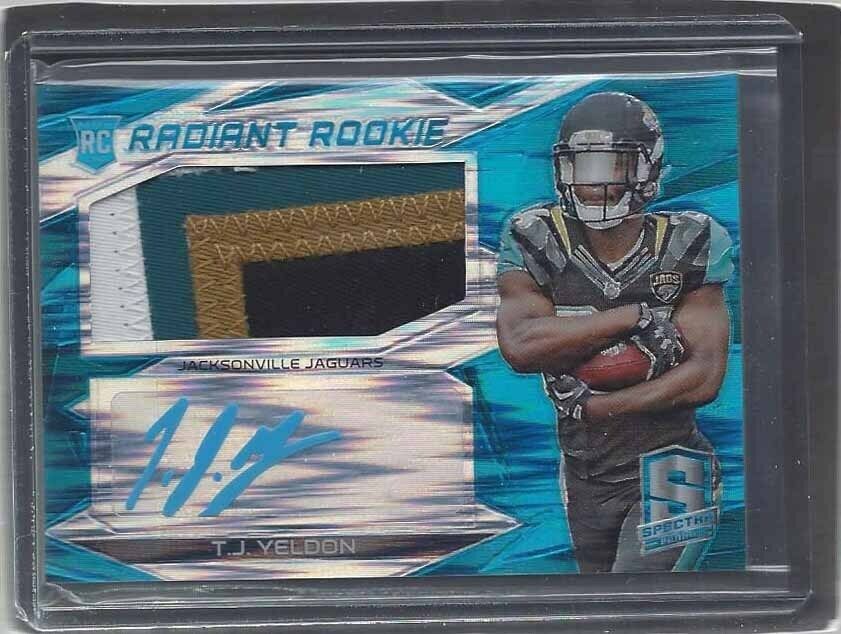 T.J. YELDON 2015 SPECTRA RADIANT ROOKIE NEON BLUE PRIZM 4 CLR PATCH AUTO RC /25
