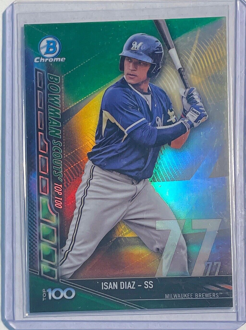 ISAN DIAZ 2017 BOWMAN CHROME SCOUTS' TOP 100 PROSPECT GREEN REFRACTOR #D 75/99