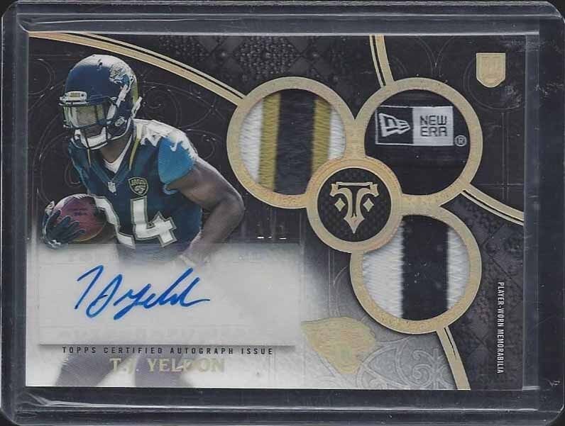 T.J. YELDON 2015 TOPPS TRIPLE THREADS GOLD RAINBOW TRIPLE PATCH AUTO RC #D 1/1