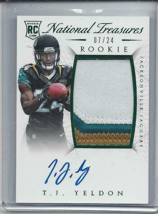 T.J. YELDON 2015 NATIONAL TREASURES GREEN JERSEY# RPA 3 COLOR PATCH AUTO RC /24