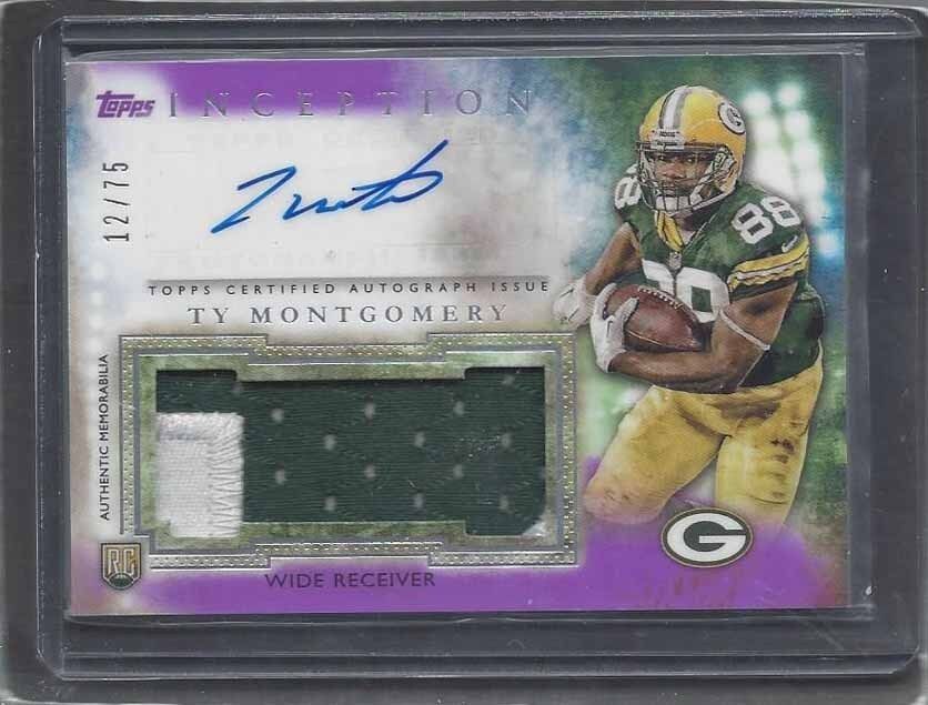 TY MONTGOMERY 2015 TOPPS INCEPTION PURPLE RPA PACKERS 2 COLOR PATCH AUTO RC /75