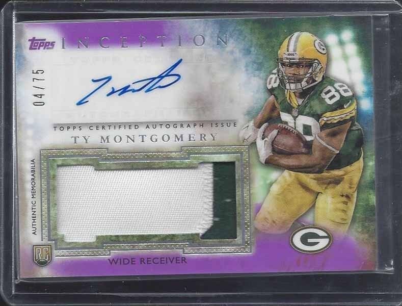 TY MONTGOMERY 2015 TOPPS INCEPTION PURPLE RPA PACKERS 2 COLOR PATCH AUTO RC /75