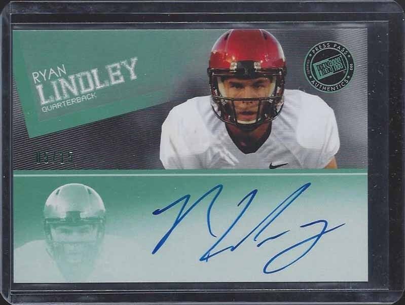 RYAN LINDLEY 2012 PRESS PASS GREEN ON CARD ROOKIE AUTO RC #D 5/15