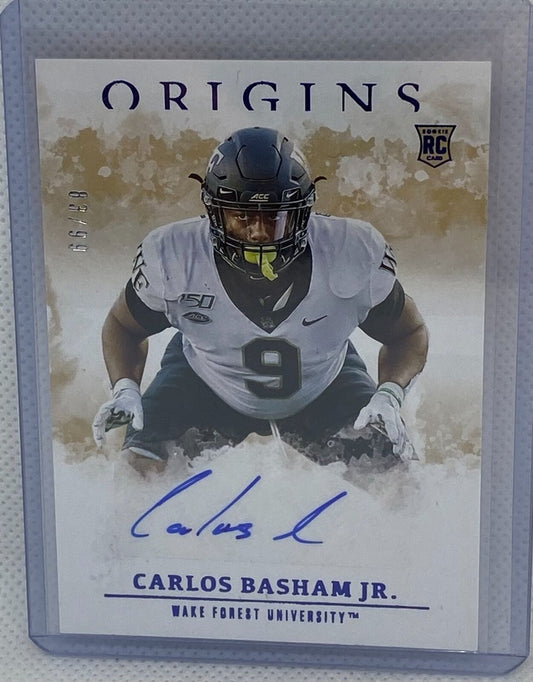 CARLOS BASHAM JR. 2021 PANINI CHRONICLES ORIGINS DRAFT PICKS BLUE AUTO RC #D /99