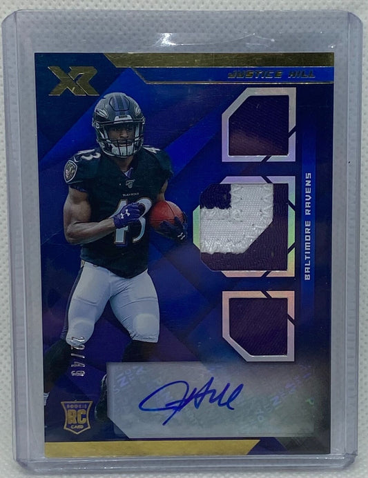 JUSTICE HILL 2019 PANINI XR BLUE TRIPLE PATCH AUTO RC #D 22/49