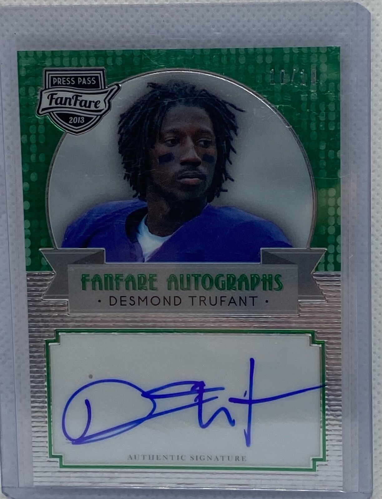 DESMOND TRUFANT 2013 PRESS PASS FANFARE GREEN ON CARD AUTO RC #D 10/10