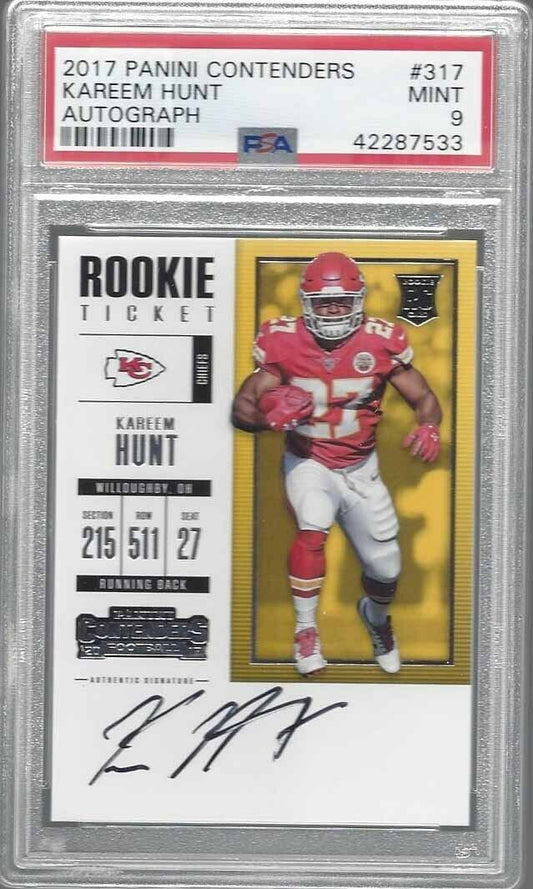 KAREEM HUNT 2017 PANINI CONTENDERS ON CARD ROOKIE TICKET AUTO RC #317 PSA 9 MINT