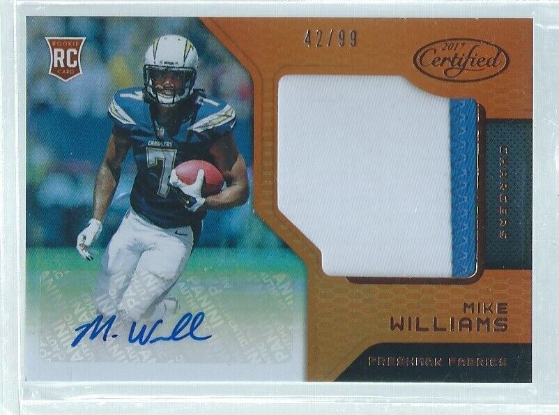 MIKE WILLIAMS 2017 PANINI CERTIFIED ORANGE FRESHMAN FABRIC PATCH AUTO RC #42/99