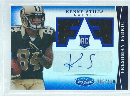 KENNY STILLS 2013 PANINI CERTIFIED FRESHMAN FABRIC AUTO JERSEY BLUE RC #D 2/100