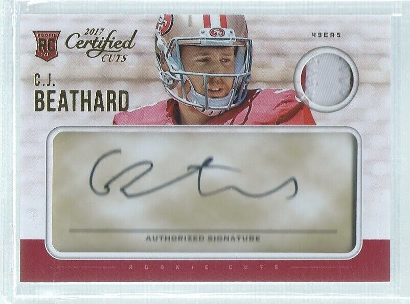 C.J. BEATHARD 2017 DONRUSS CERTIFIED CUTS 2 COLOR PATCH AUTO RC #D 147/299