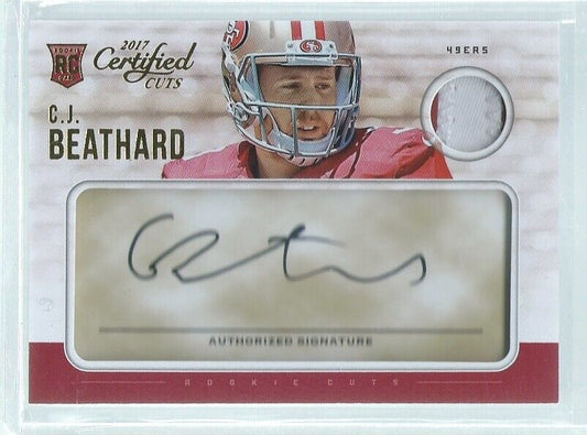 C.J. BEATHARD 2017 DONRUSS CERTIFIED CUTS 2 COLOR PATCH AUTO RC #D 147/299