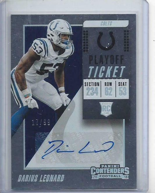 DARIUS LEONARD 2018 CONTENDERS PLAYOFF TICKET COLTS AUTO RC #D 17/99