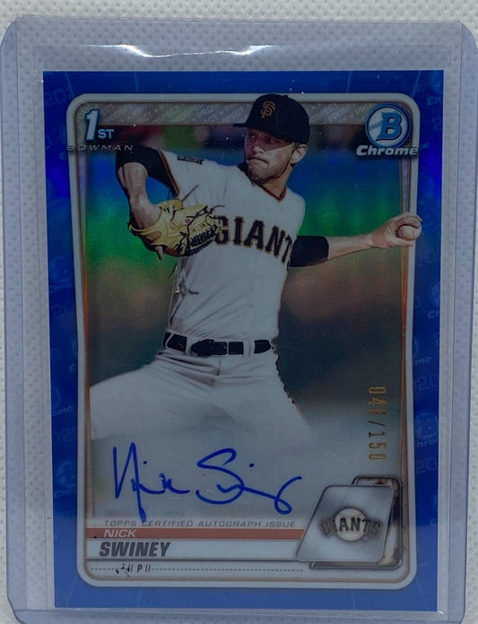 NICK SWINEY 2020 1ST BOWMAN CHROME PROSPECTS BLUE REFRACTOR AUTO #D 46/150