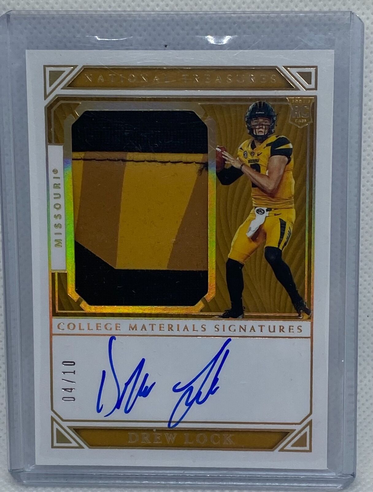 DREW LOCK 2019 PANINI NATIONAL TREASURES GOLD RPA JUMBO PATCH AUTO RC #D 4/10