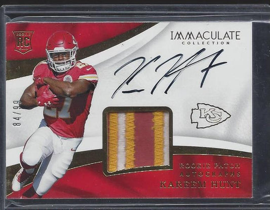 KAREEM HUNT 2017 PANINI IMMACULATE RPA 3 COLOR ROOKIE PATCH AUTO RC #D 84/99