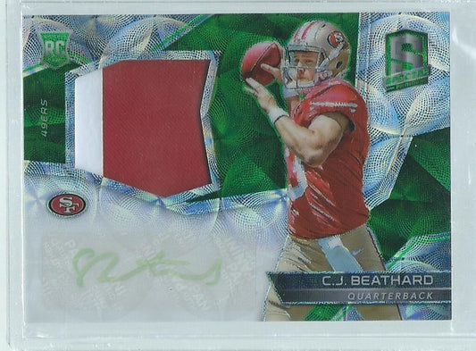 C.J. BEATHARD 2017 PANINI SPECTRA 2-COLOR PATCH AUTO GREEN PRIZM RC #D 35/50